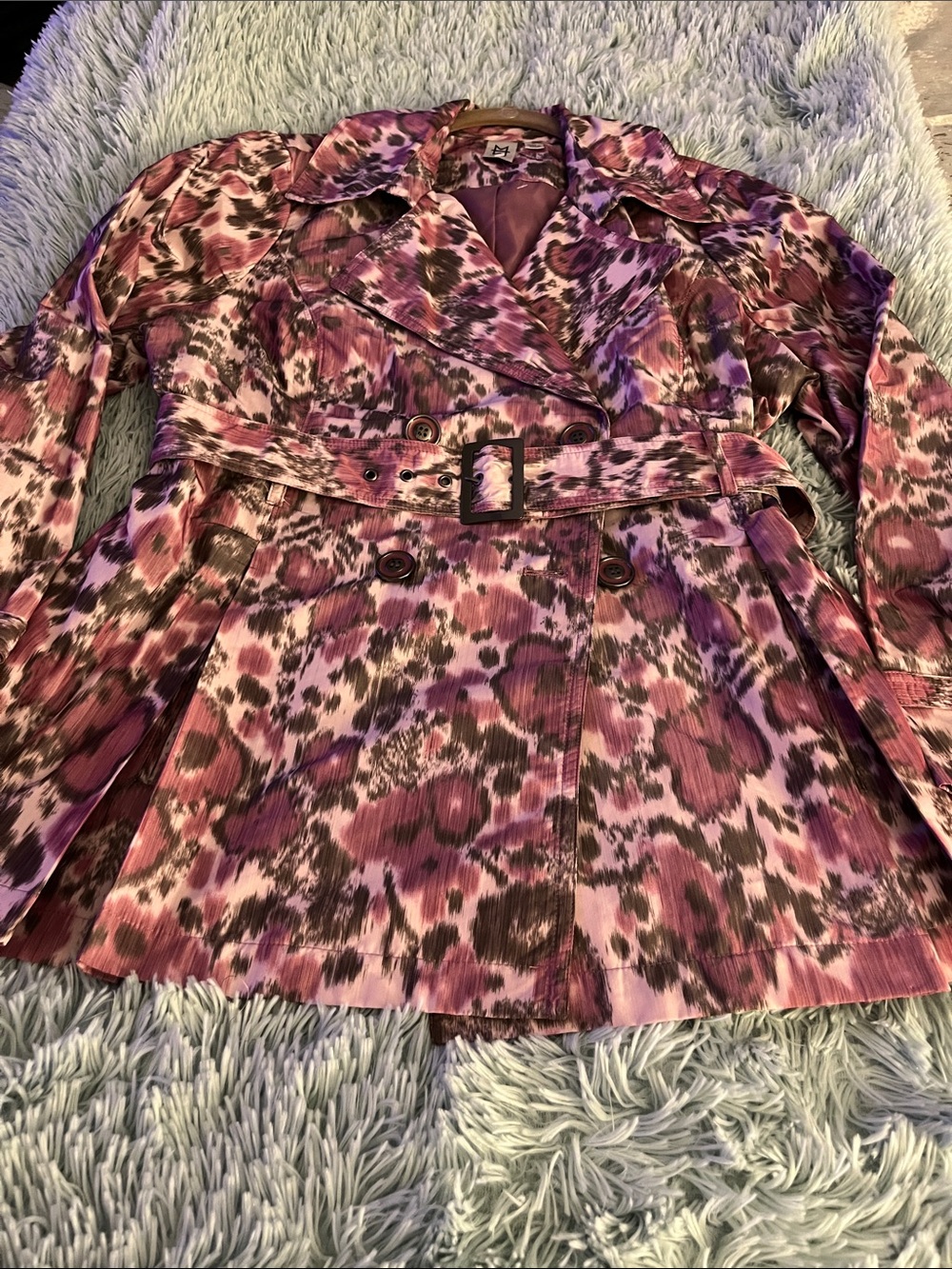 MARC BOUWER Muted Light Purple/ Brown Animal Print Trench Coat with Belt NEW M